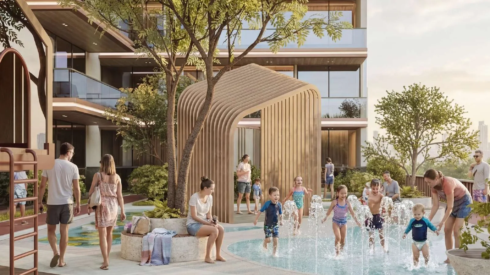 Children's splash area in the landscaped Havencia amenity courtyard.