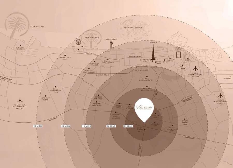 Dubai connectivity map showing the Havencia location and nearby landmarks.