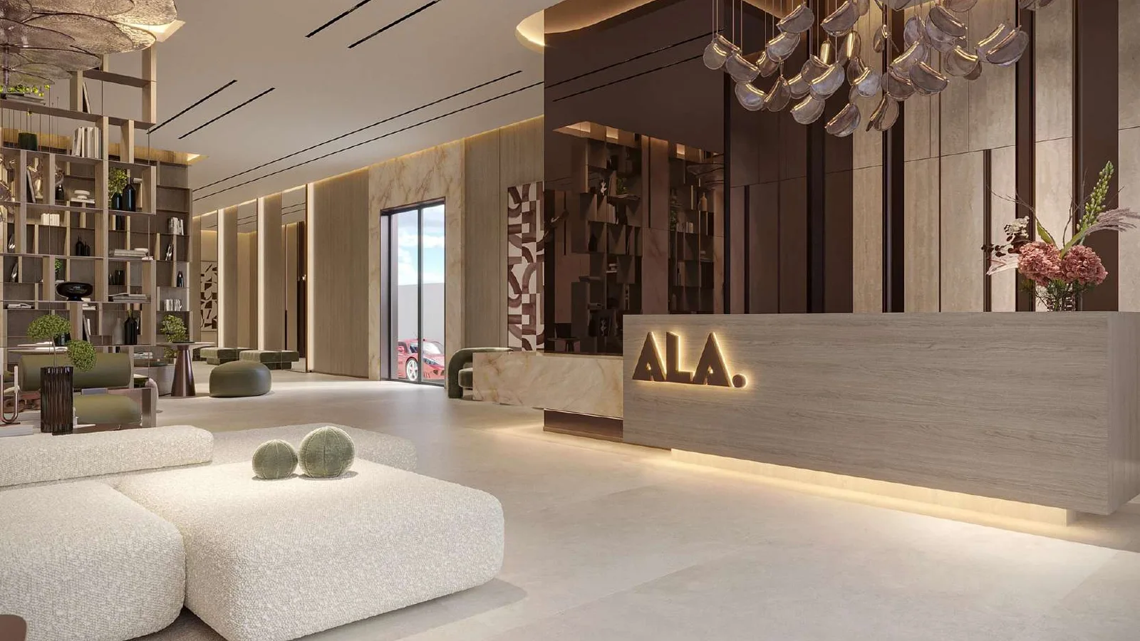 Havencia lobby reception with sculptural lighting and contemporary seating.