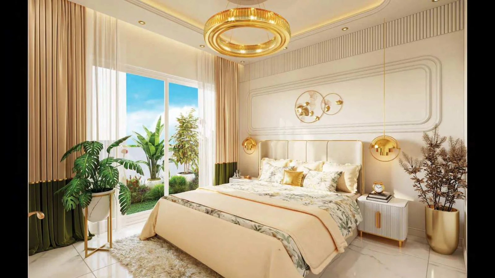 Vincitore Wellness Estate bedroom with warm neutral finishes and full-height glazing.