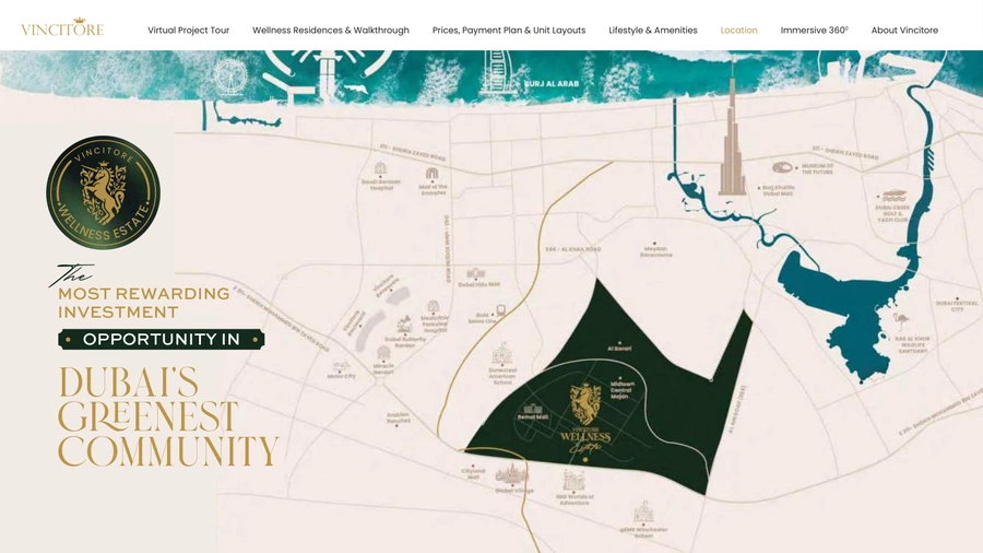 Location map showing Vincitore Wellness Estate in Majan, next to Al Barari and the surrounding Dubai road network.