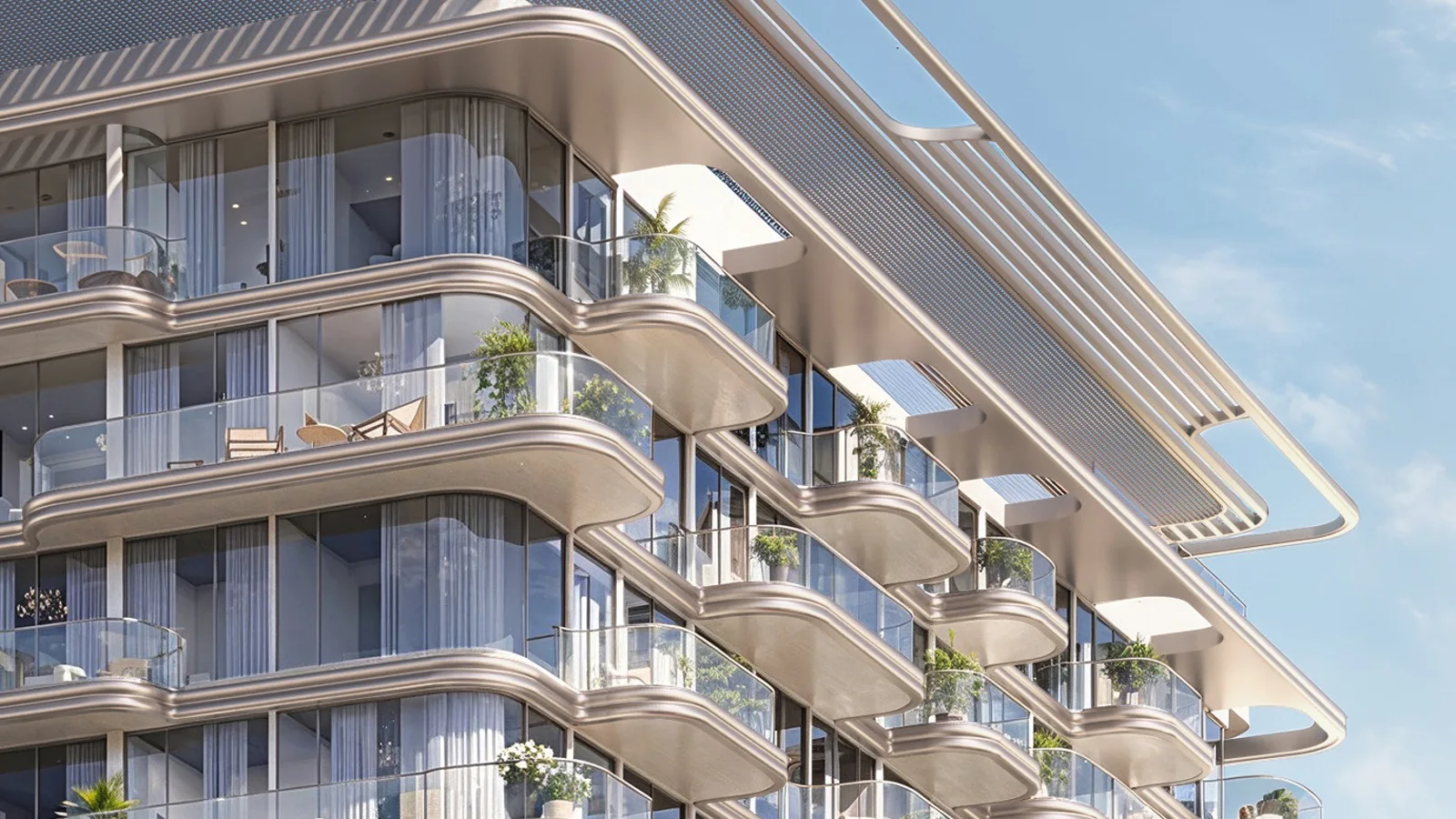 Curved balconies and glazed facade of The Tides by AMIS.