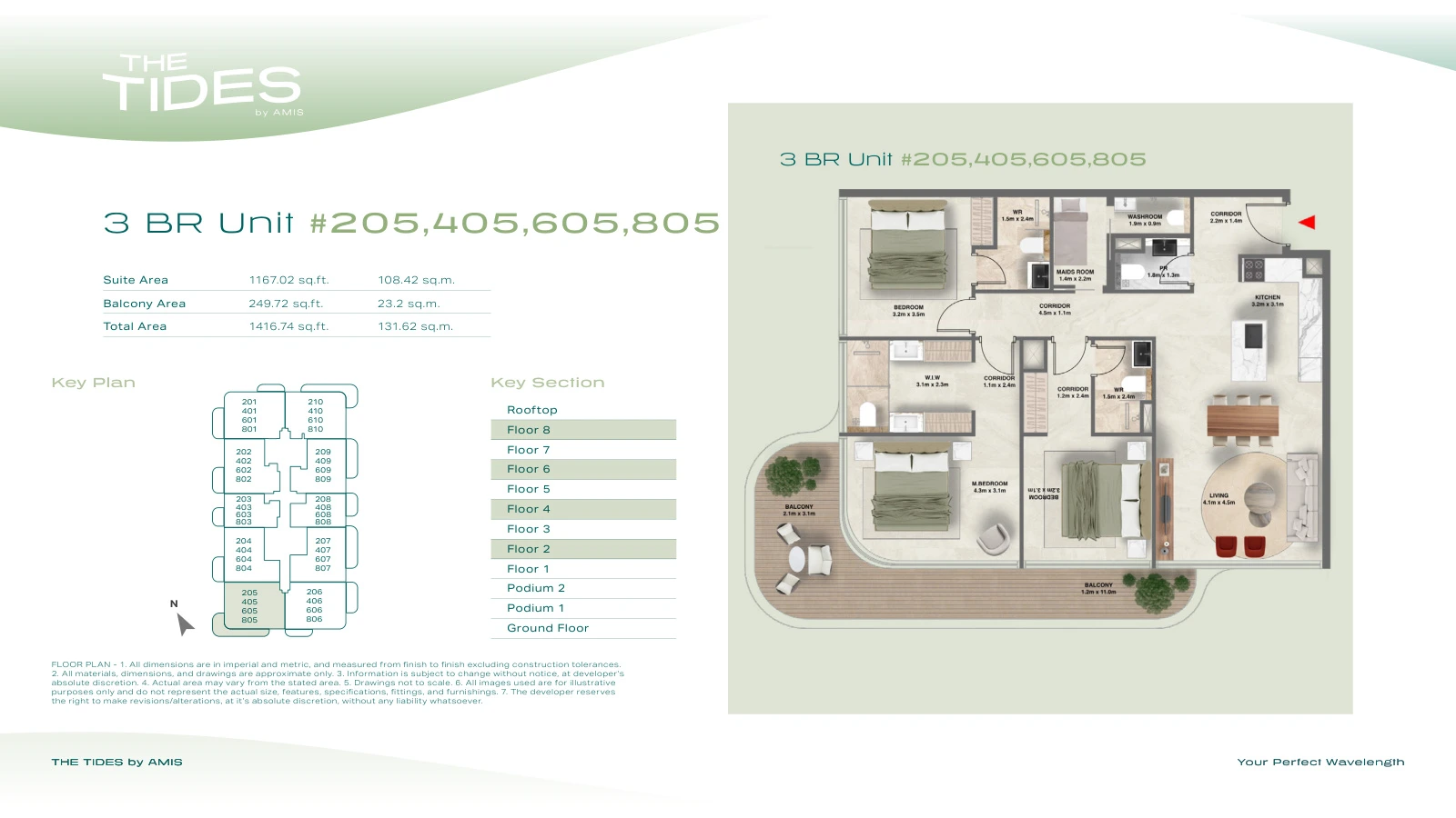 Floor plan for 3 Bedroom Apartment - Units 205, 405, 605, 805