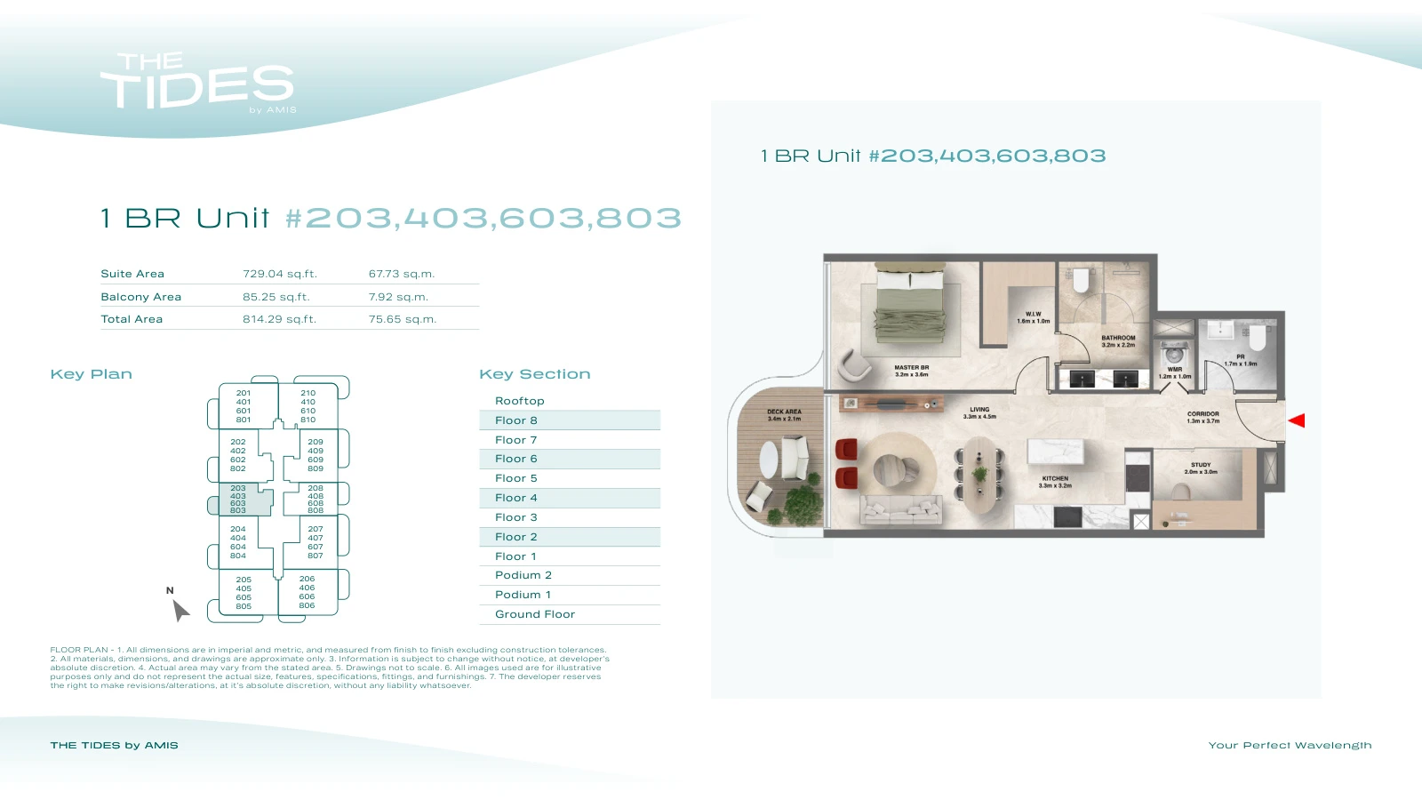 Floor plan for 1 Bedroom Apartment - Units 203, 403, 603, 803