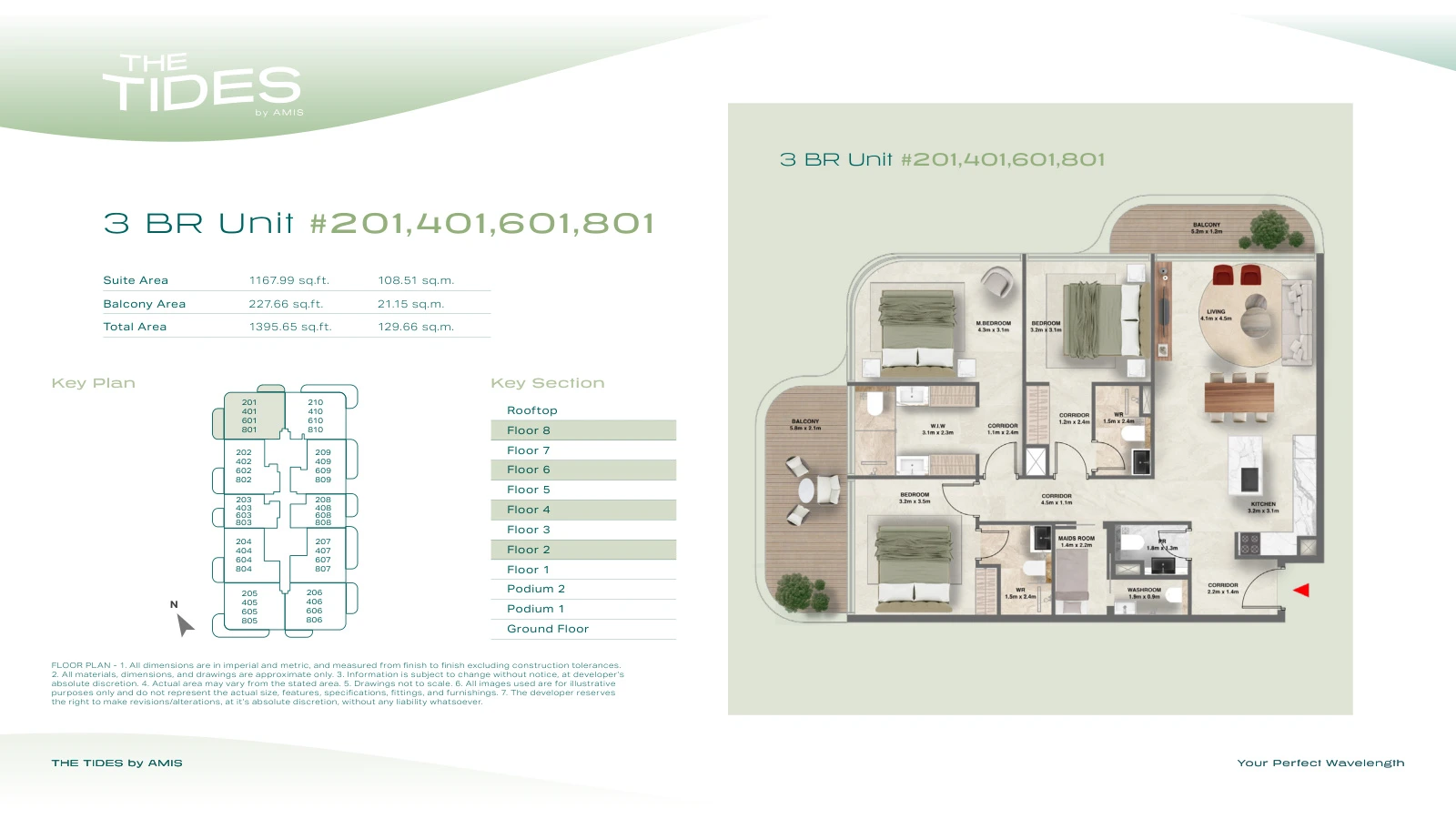 Floor plan for 3 Bedroom Apartment - Units 201, 401, 601, 801