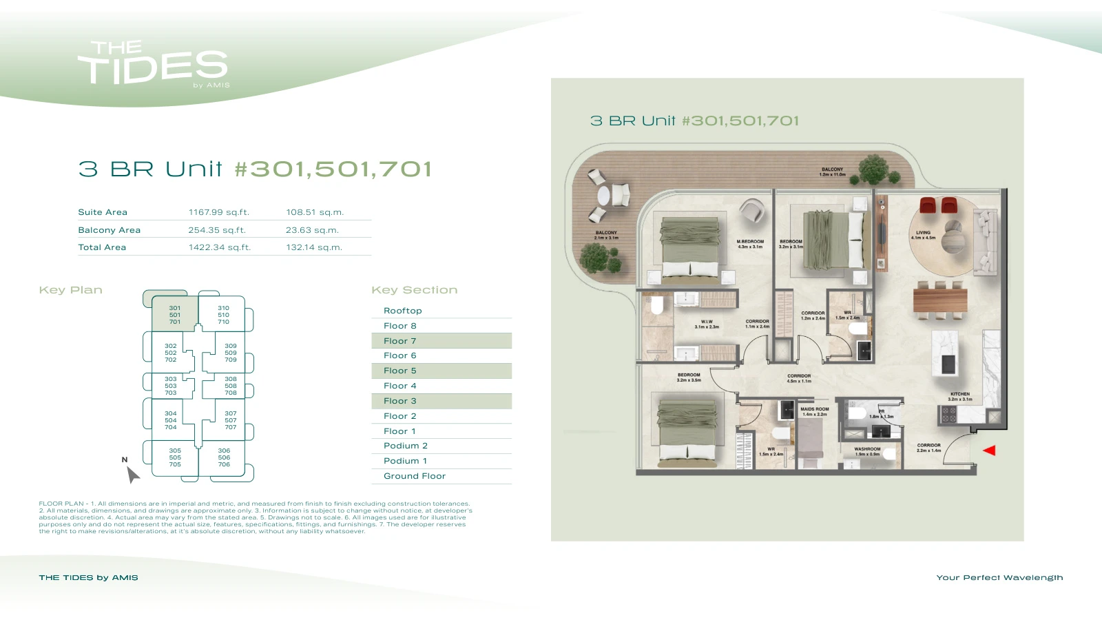 Floor plan for 3 Bedroom Apartment - Units 301, 501, 701