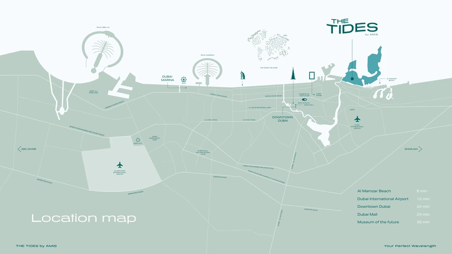 Dubai location map showing The Tides by AMIS on Dubai Islands and estimated travel times to major city landmarks.