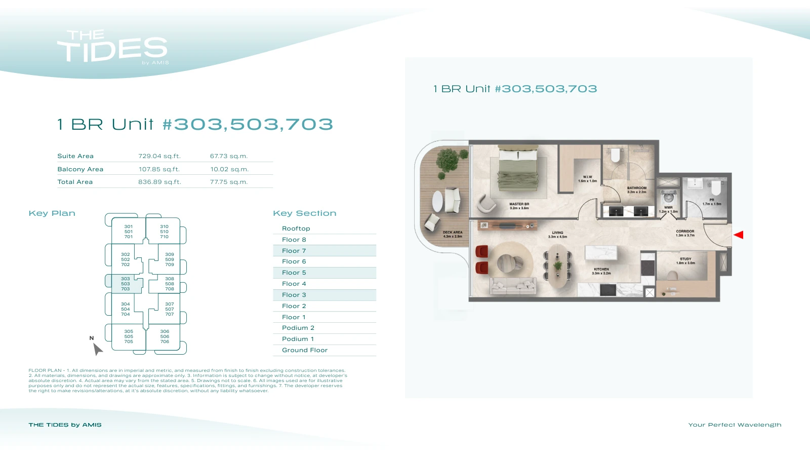 Floor plan for 1 Bedroom Apartment - Units 303, 503, 703