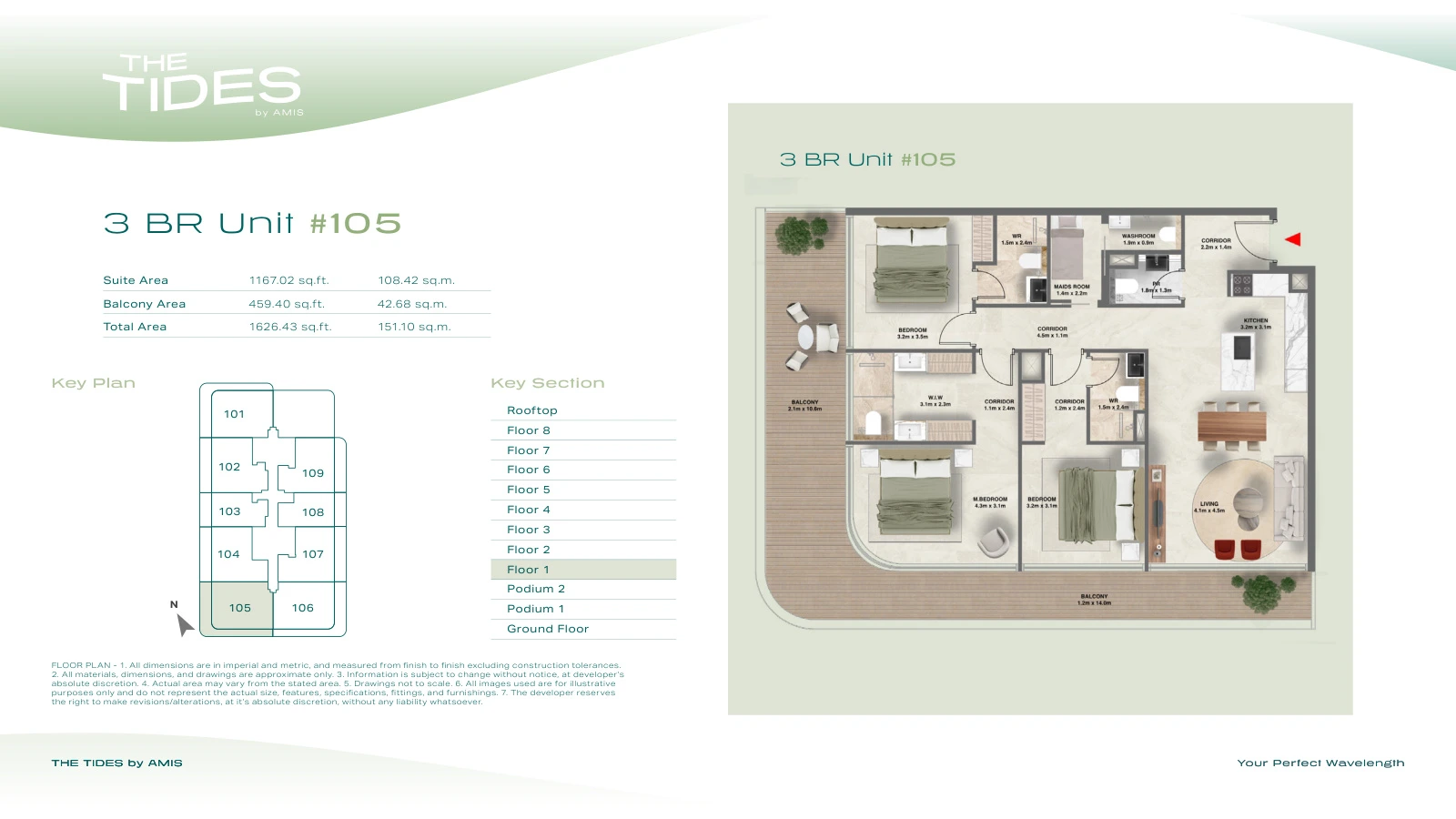 Floor plan for 3 Bedroom Apartment - Unit 105