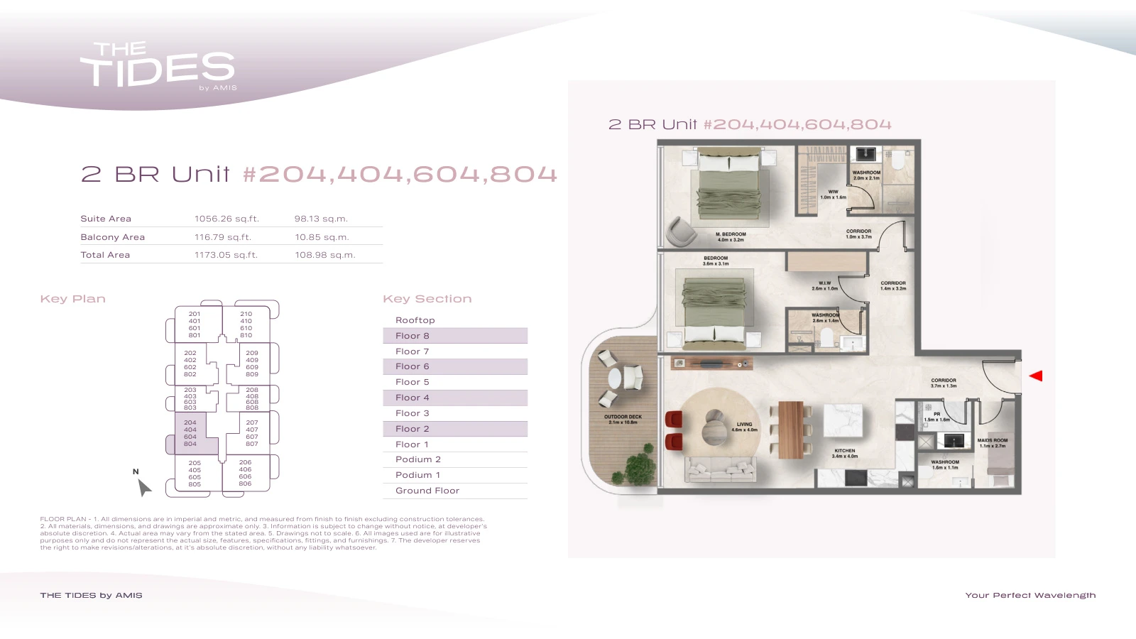 Floor plan for 2 Bedroom Apartment - Units 204, 404, 604, 804