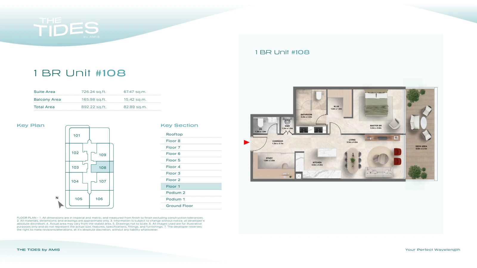 Floor plan for 1 Bedroom Apartment - Unit 108