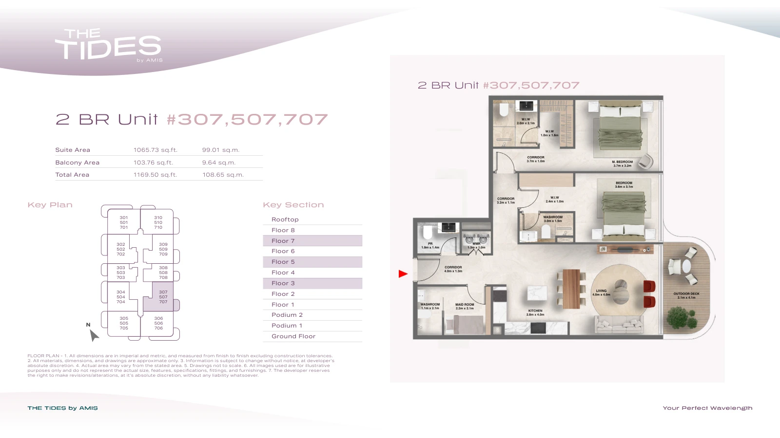 Floor plan for 2 Bedroom Apartment - Units 307, 507, 707
