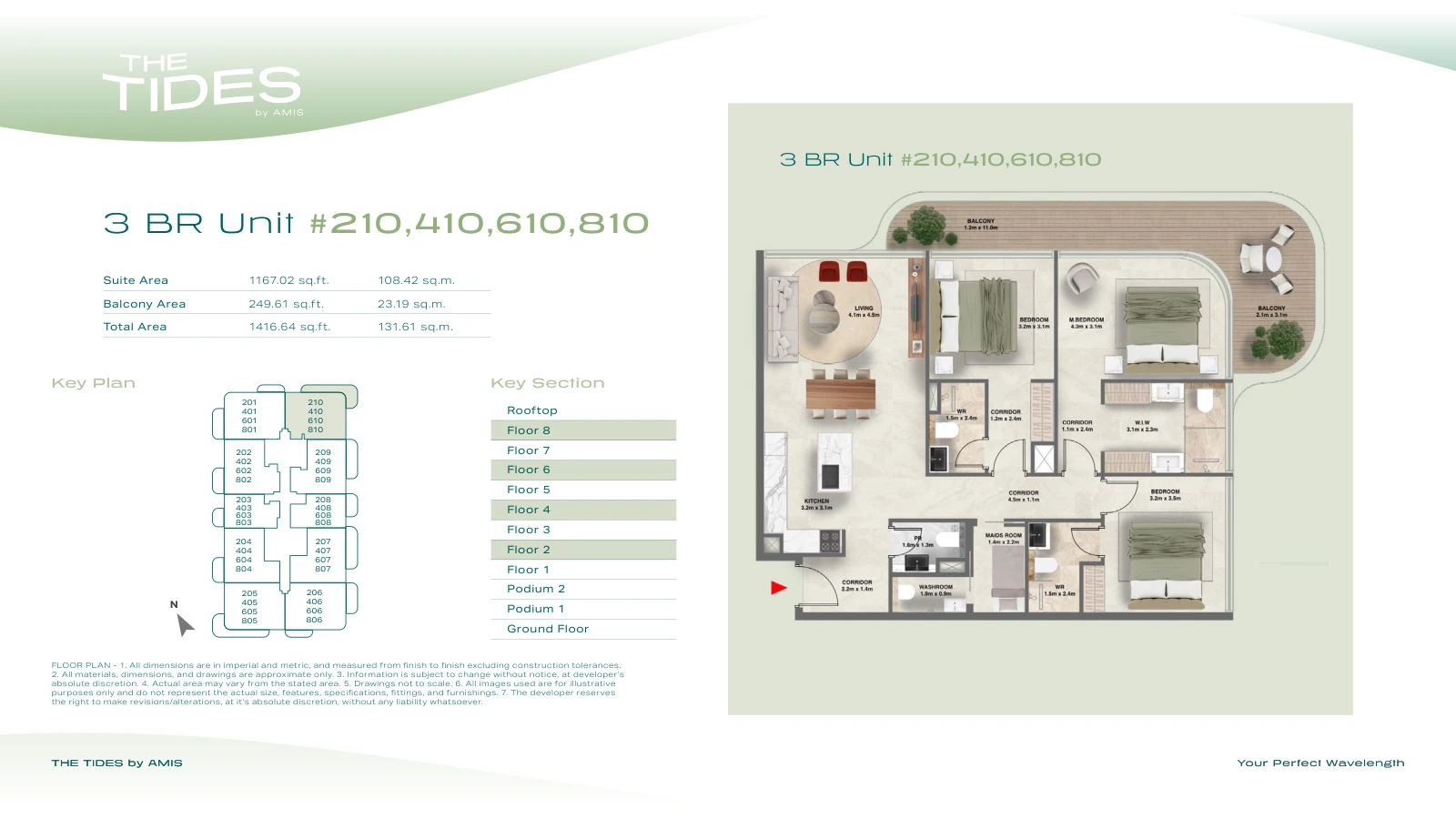 Floor plan for 3 Bedroom Apartment - Units 210, 410, 610, 810