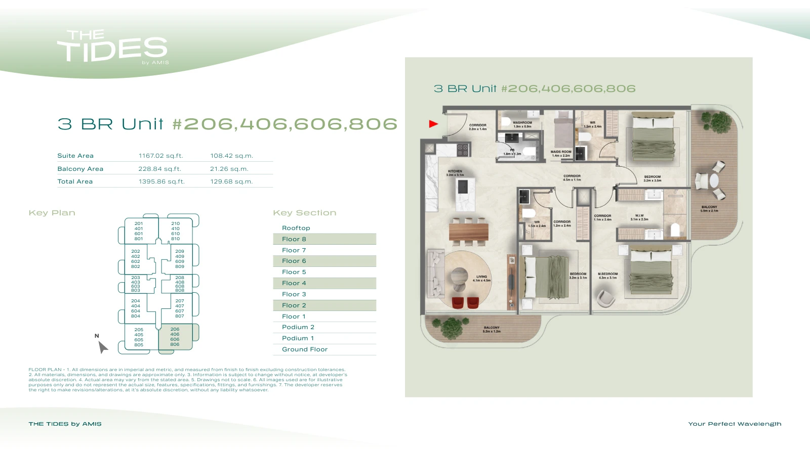Floor plan for 3 Bedroom Apartment - Units 206, 406, 606, 806