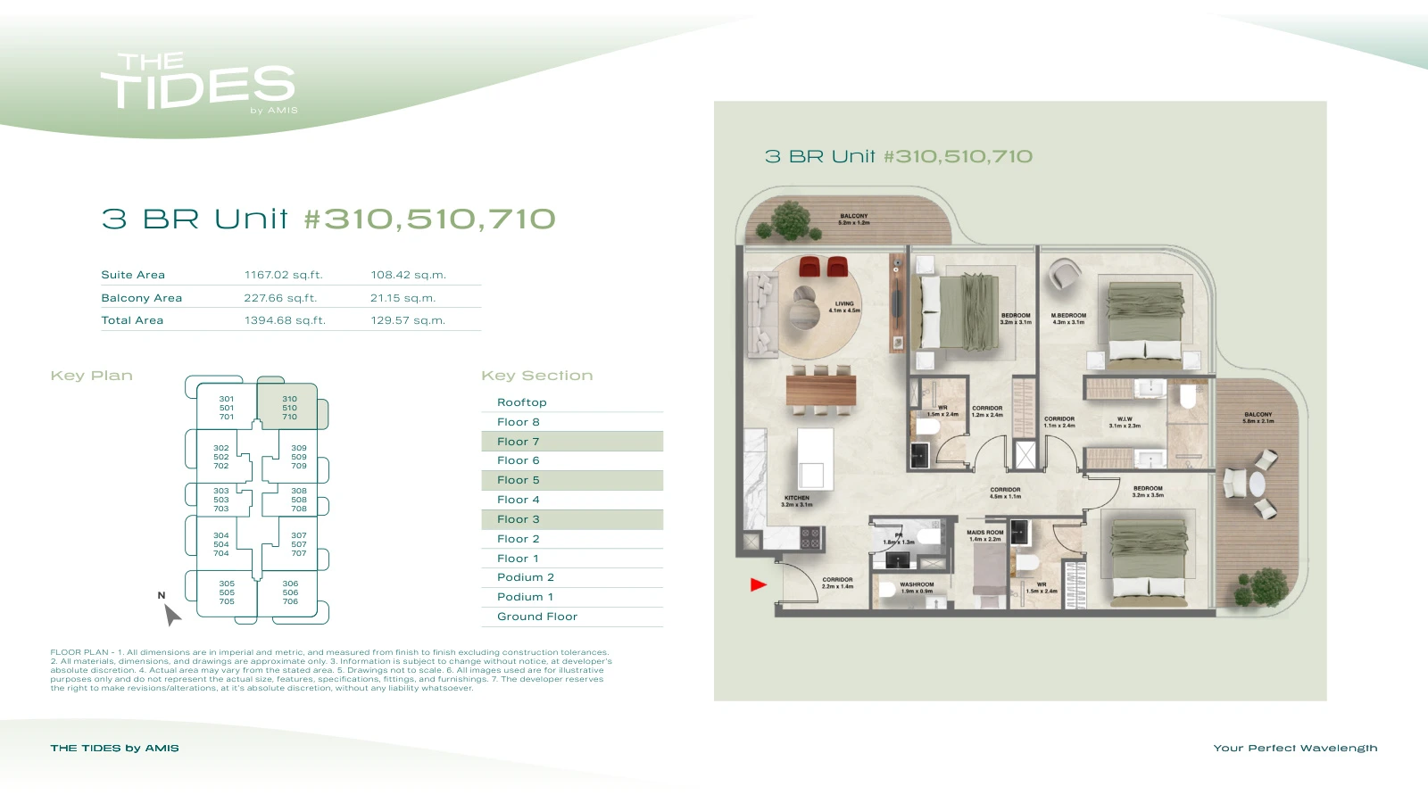 Floor plan for 3 Bedroom Apartment - Units 310, 510, 710