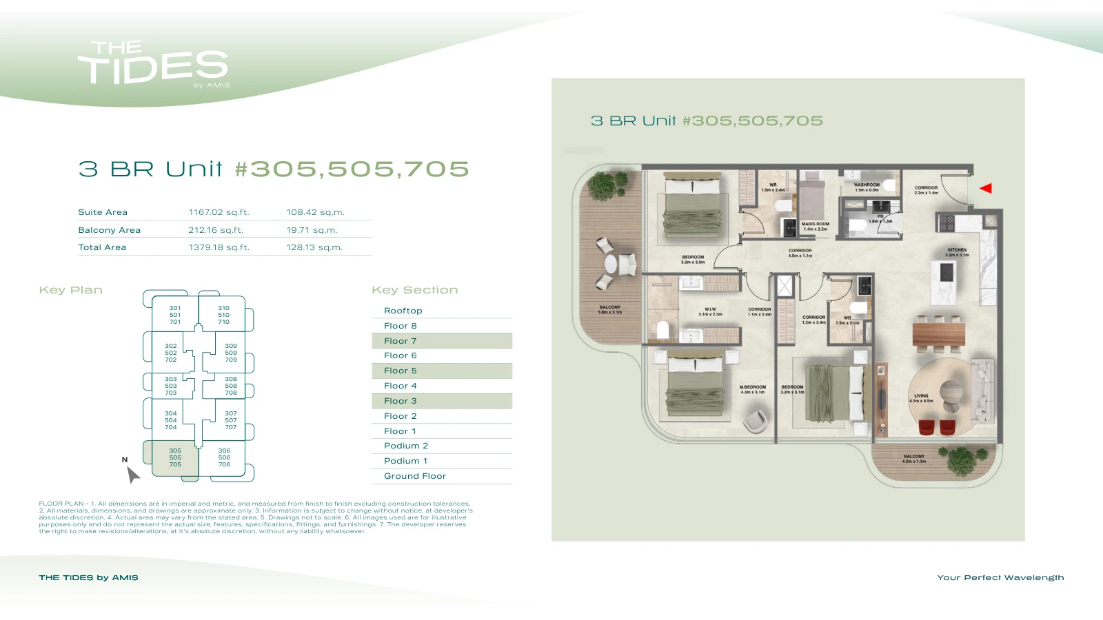 Floor plan for 3 Bedroom Apartment - Units 305, 505, 705