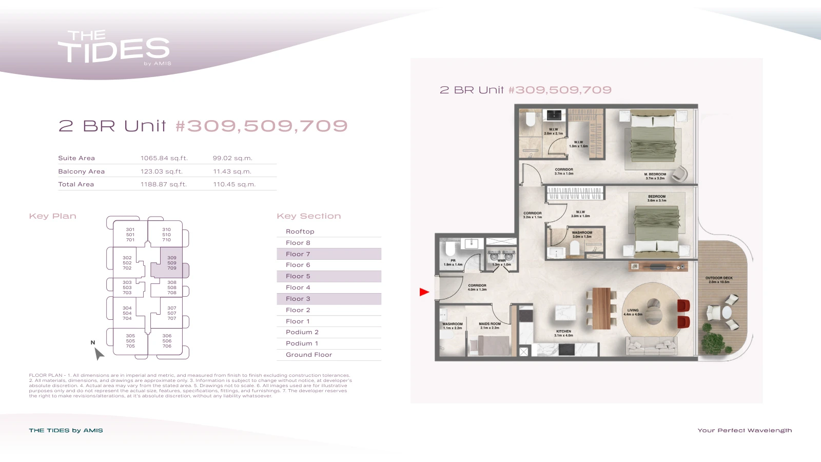Floor plan for 2 Bedroom Apartment - Units 309, 509, 709