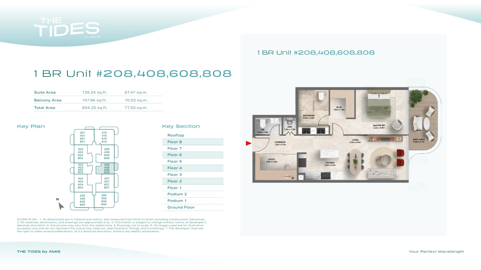 Floor plan for 1 Bedroom Apartment - Units 208, 408, 608, 808