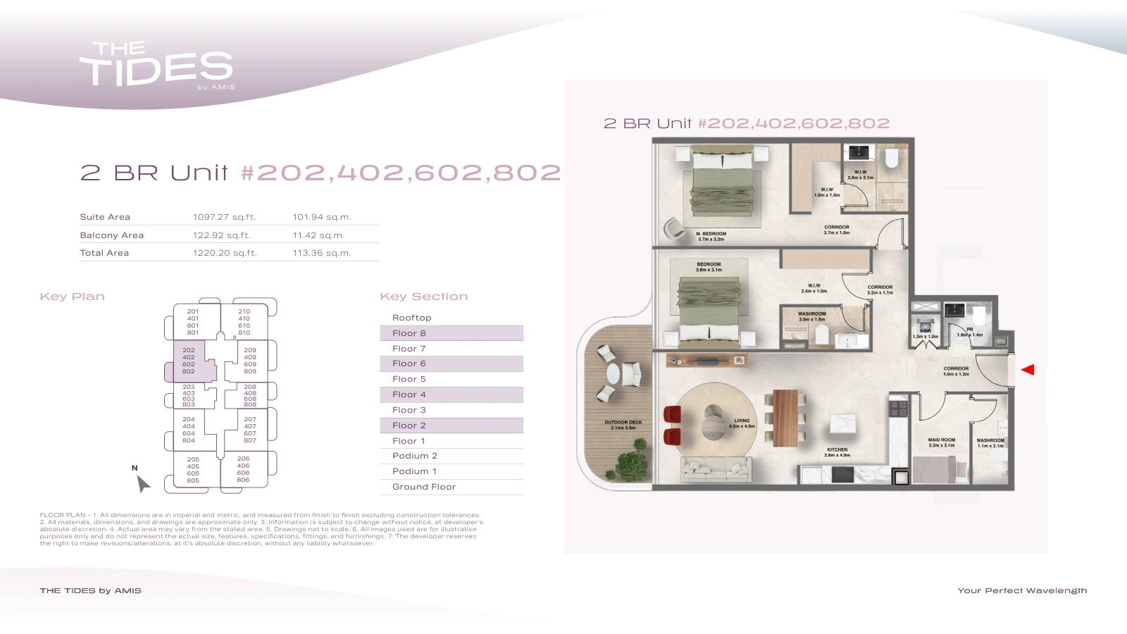 Floor plan for 2 Bedroom Apartment - Units 202, 402, 602, 802