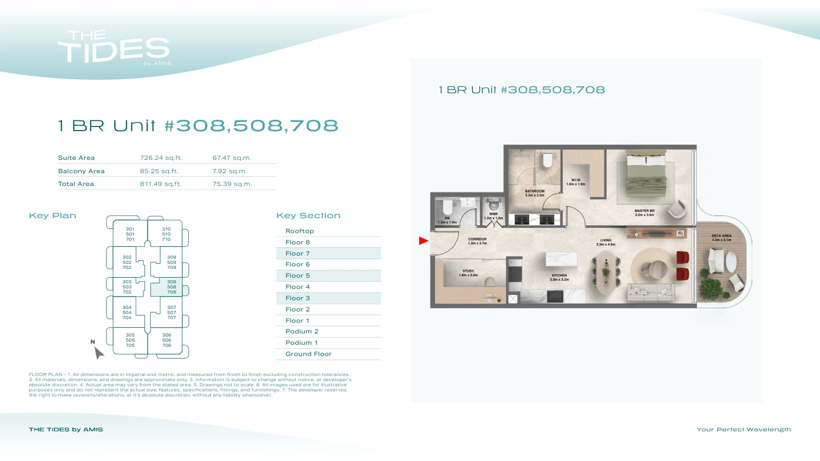 Floor plan for 1 Bedroom Apartment - Units 308, 508, 708