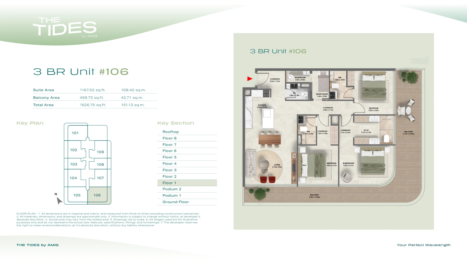 Floor plan for 3 Bedroom Apartment - Unit 106