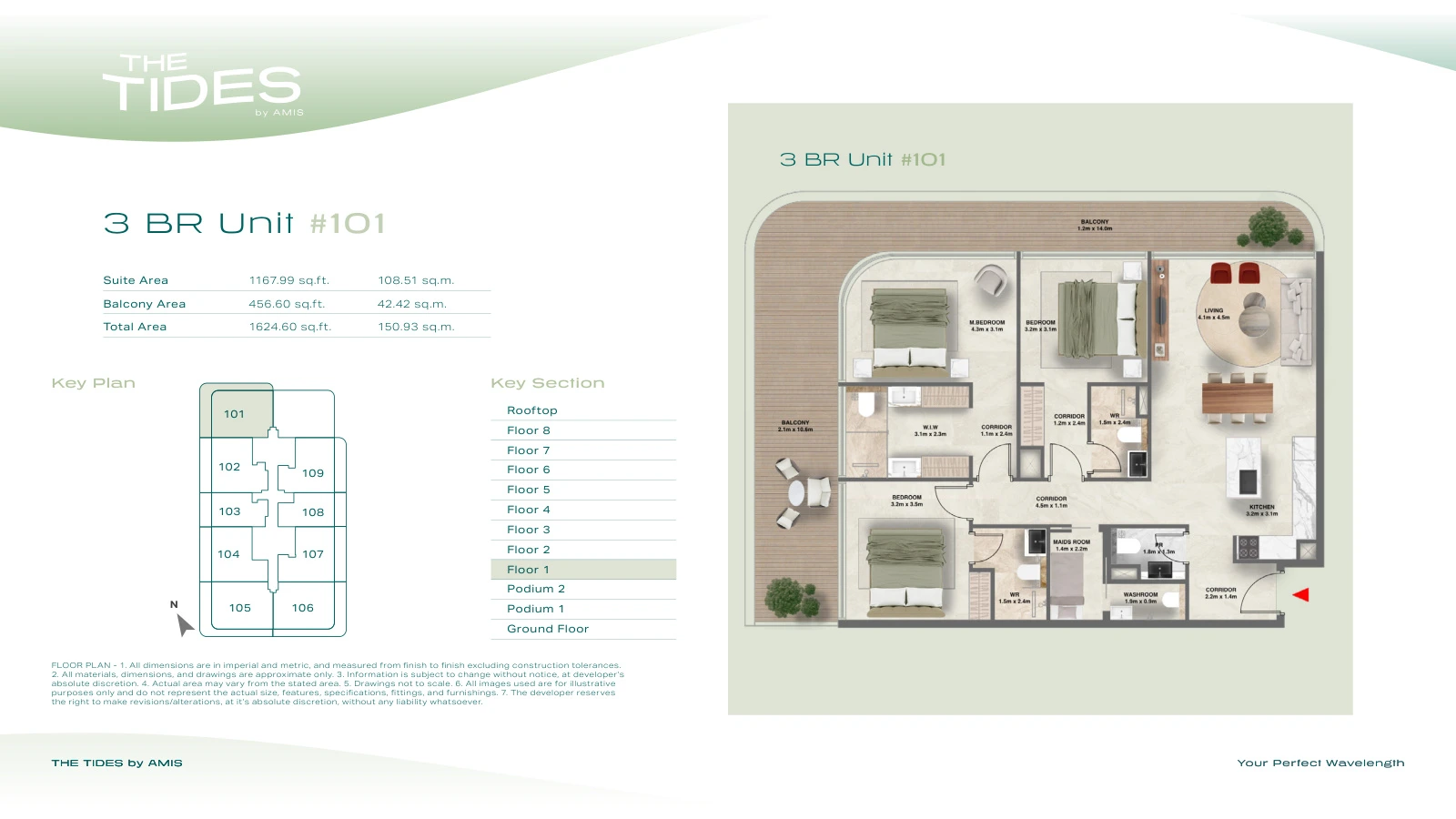 Floor plan for 3 Bedroom Apartment - Unit 101