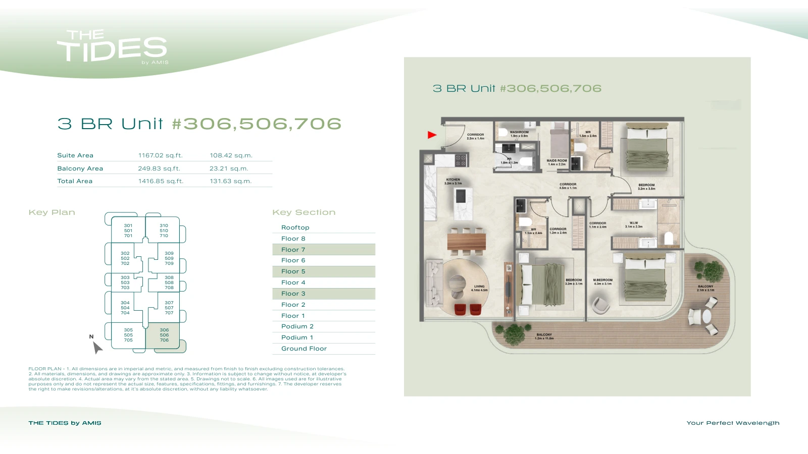 Floor plan for 3 Bedroom Apartment - Units 306, 506, 706