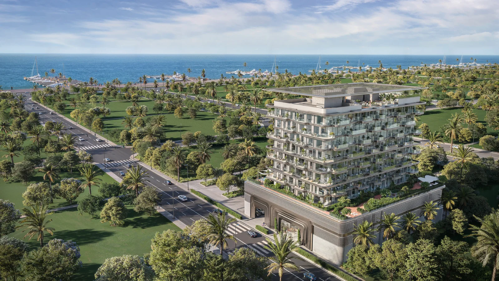 Aerial view of The Tides by AMIS and its landscaped Dubai Islands setting.