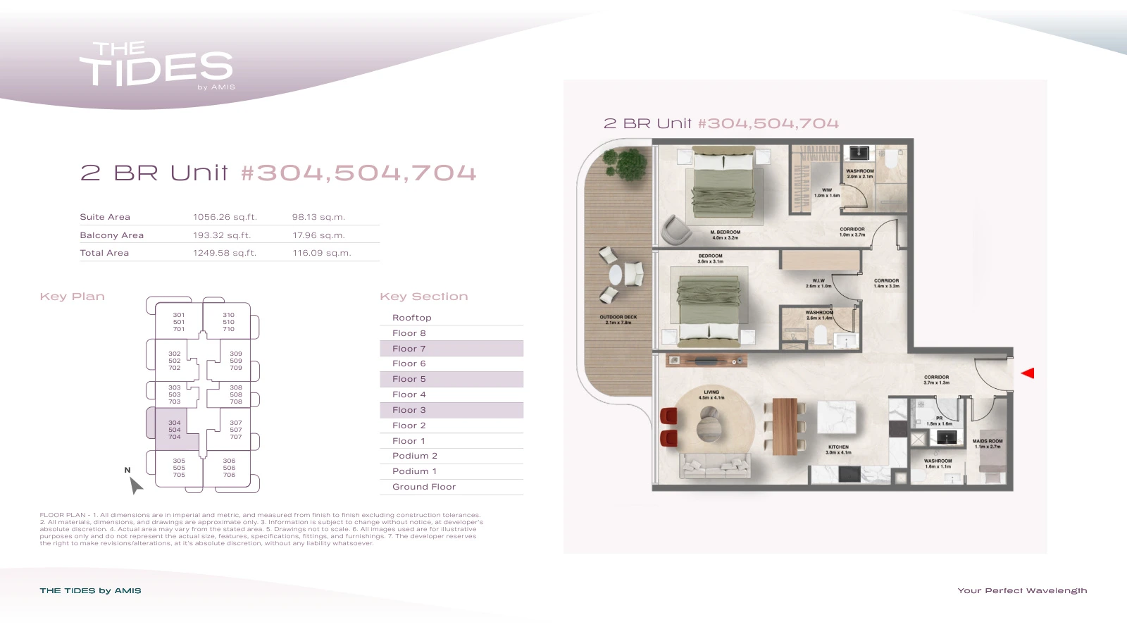 Floor plan for 2 Bedroom Apartment - Units 304, 504, 704