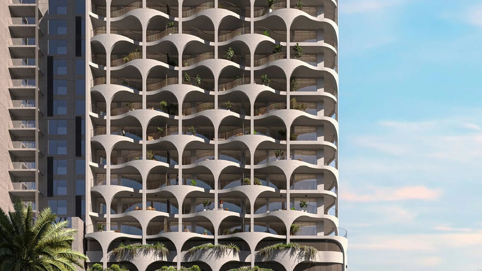 Street-level exterior of The Weave in Jumeirah Village Circle.