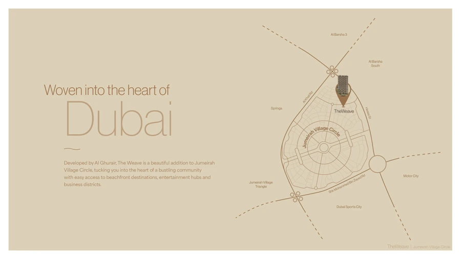 Jumeirah Village Circle map showing The Weave near Al Khail Road, Hessa Street and Sheikh Mohammed bin Zayed Road.