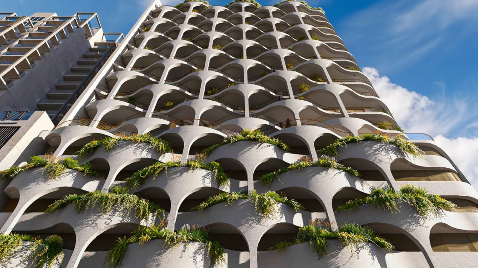 Interlacing balconies on the facade of The Weave.