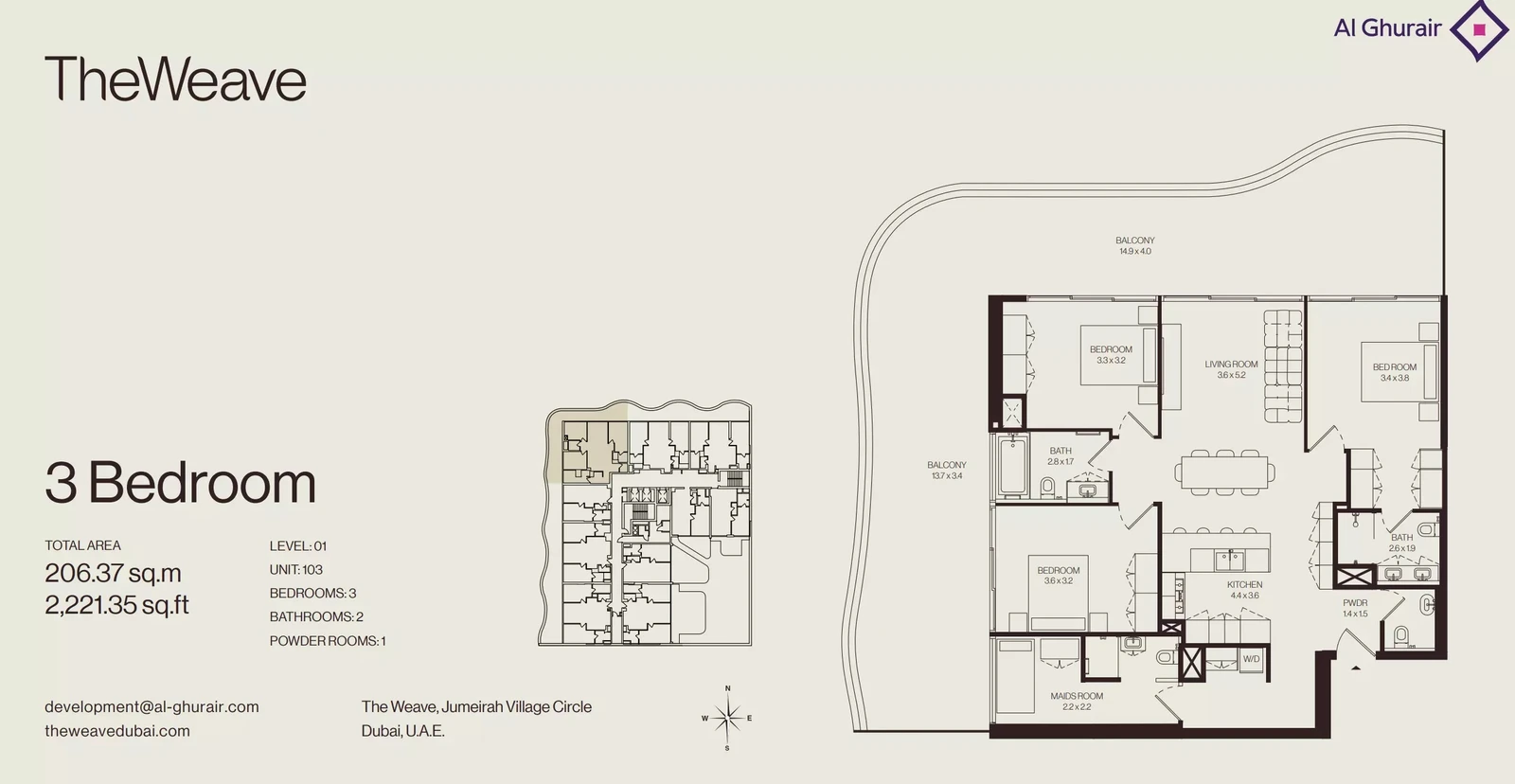 Floor plan for 3 Bedroom Apartment + Maid - Type 103