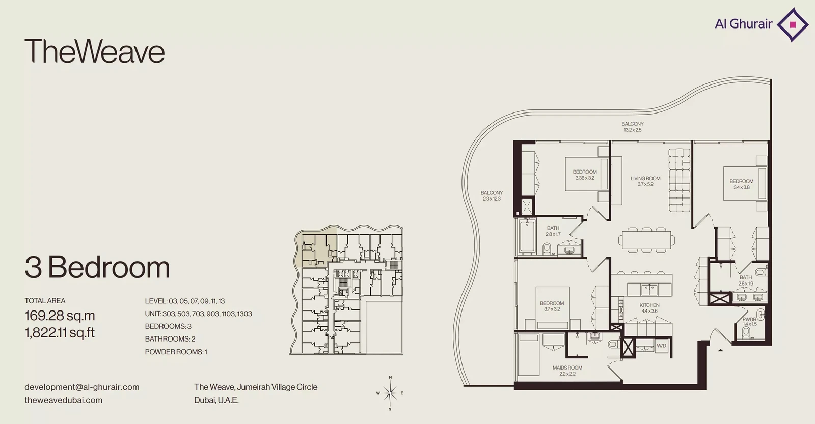 Floor plan for 3 Bedroom Apartment + Maid - Type 303-1303