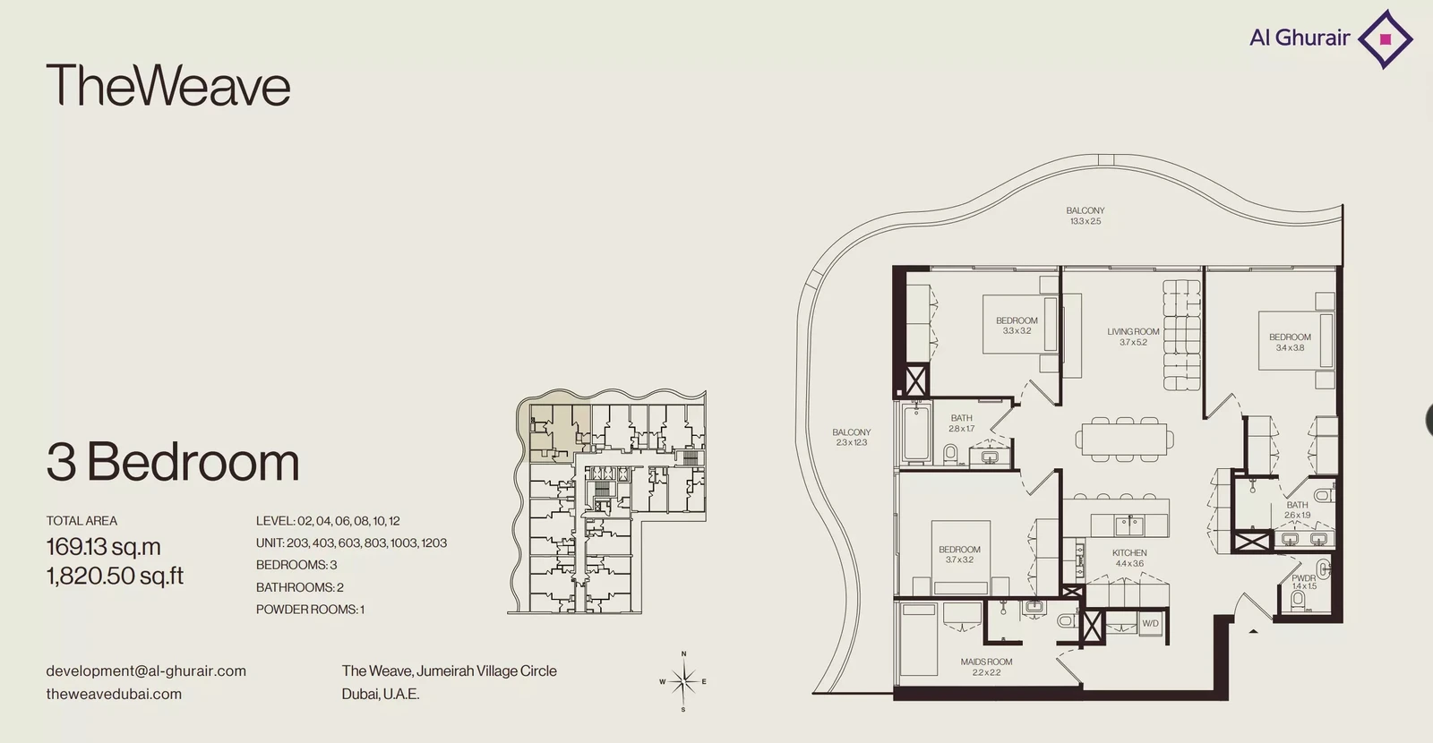 Floor plan for 3 Bedroom Apartment + Maid - Type 203-1203