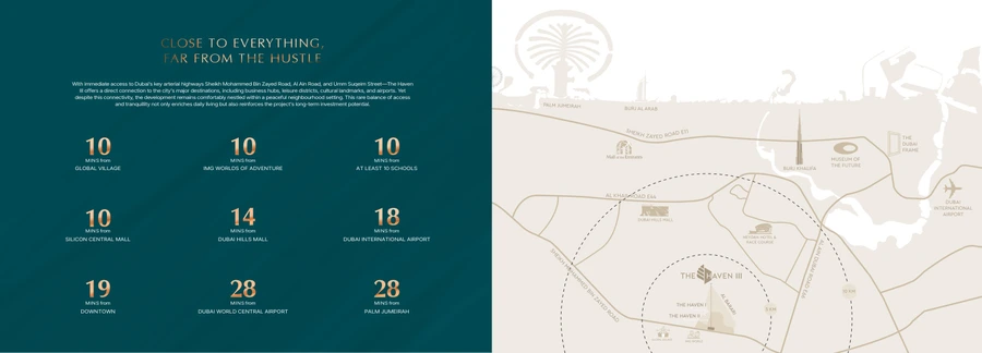 Dubai connectivity map showing The Haven III in Majan and travel times to major schools, malls, airports and landmarks.