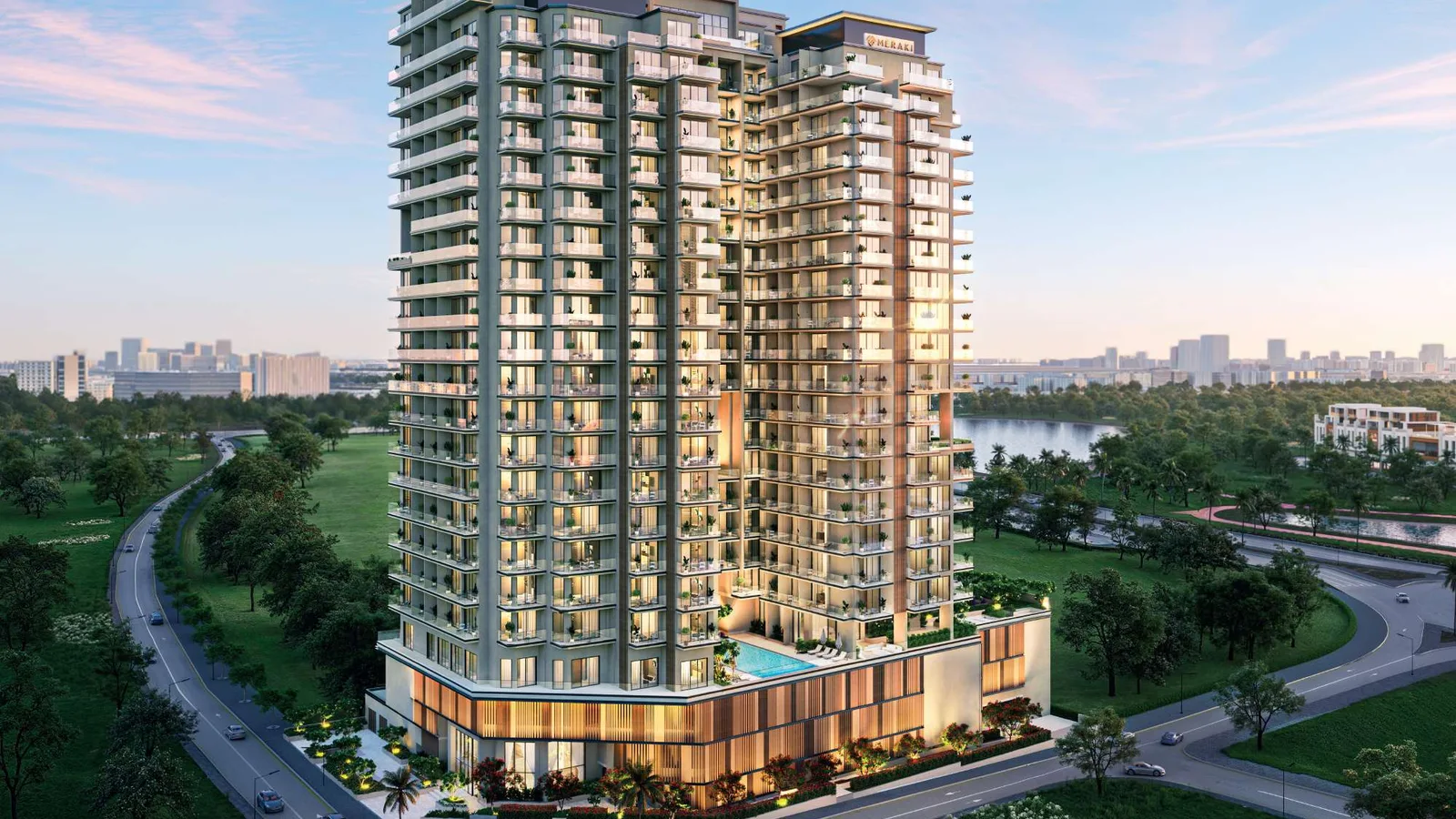 Exterior view of Nirvana Residence in Dubai Production City.