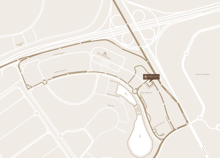 Local location map for Nirvana Residence in Me'aisem, Dubai Production City.