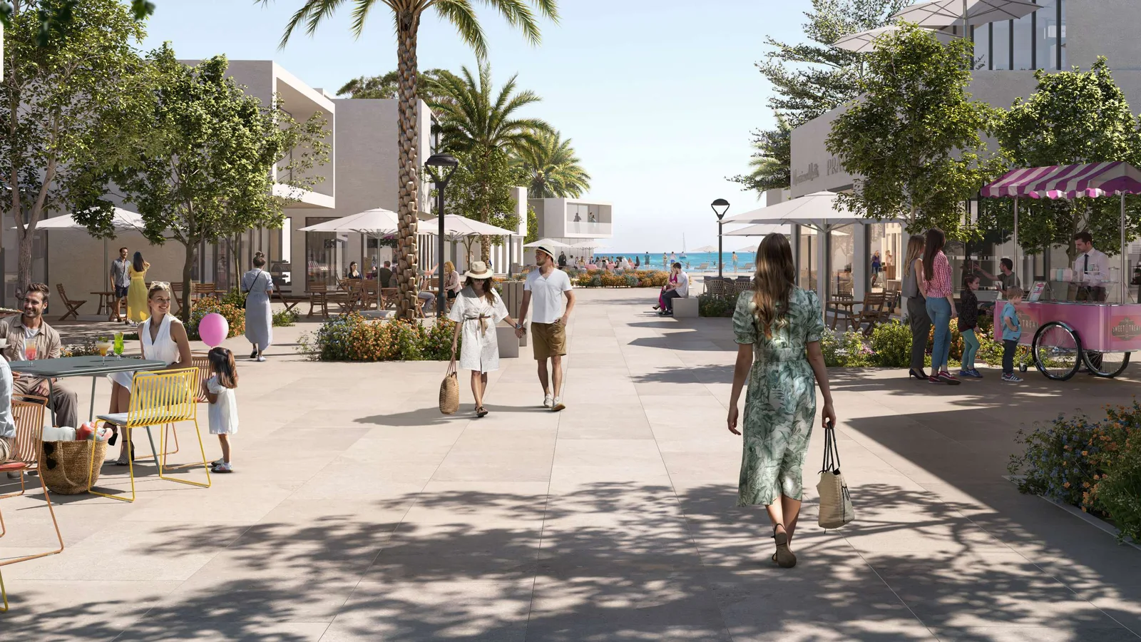 Pedestrian promenade with shops, cafes and sea views at Bayn by ORA