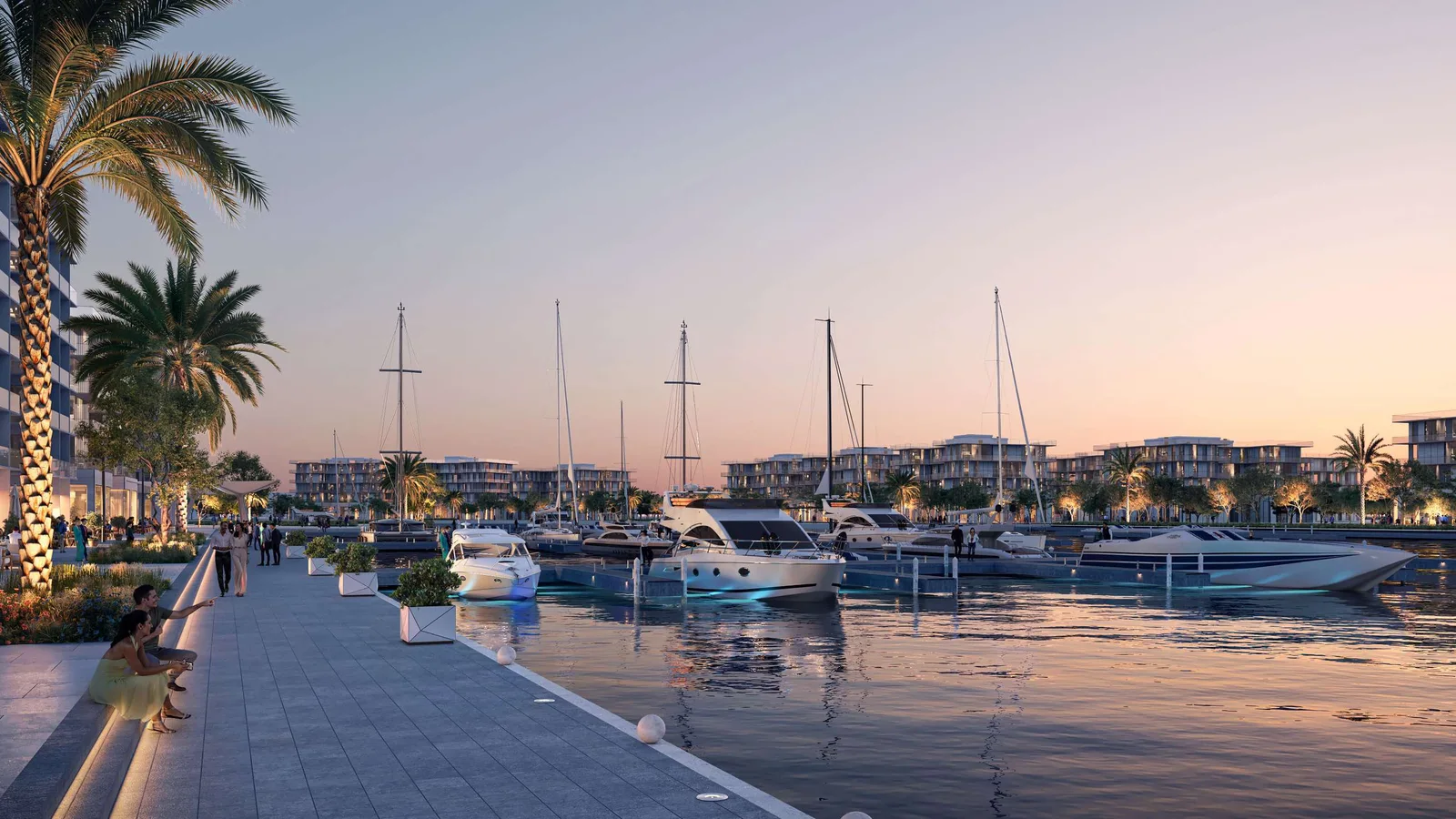 Bayn by ORA marina with yachts and waterfront promenade at sunset
