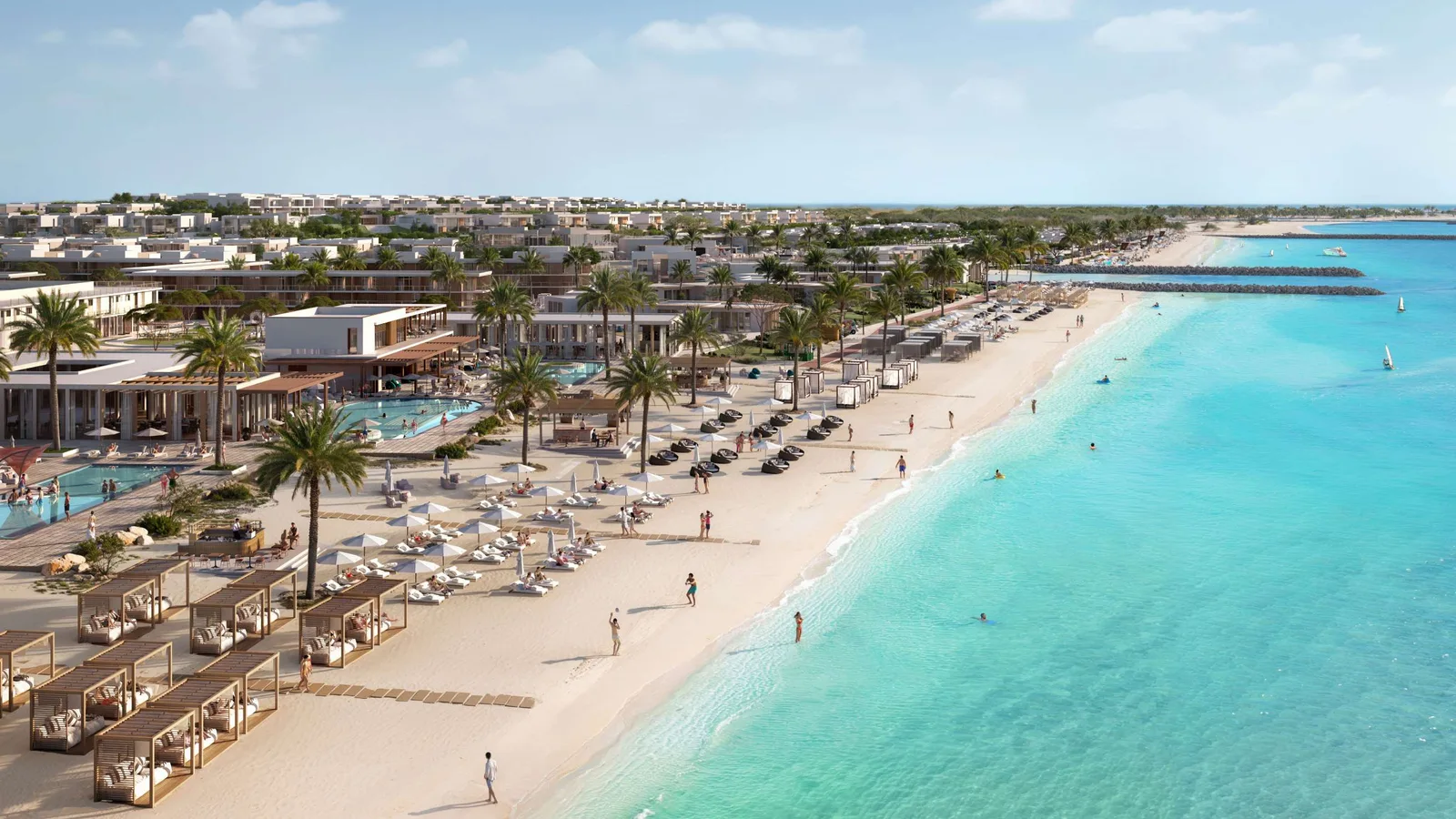 Aerial rendering of Bayn by ORA beachfront community and turquoise shoreline in Ghantoot