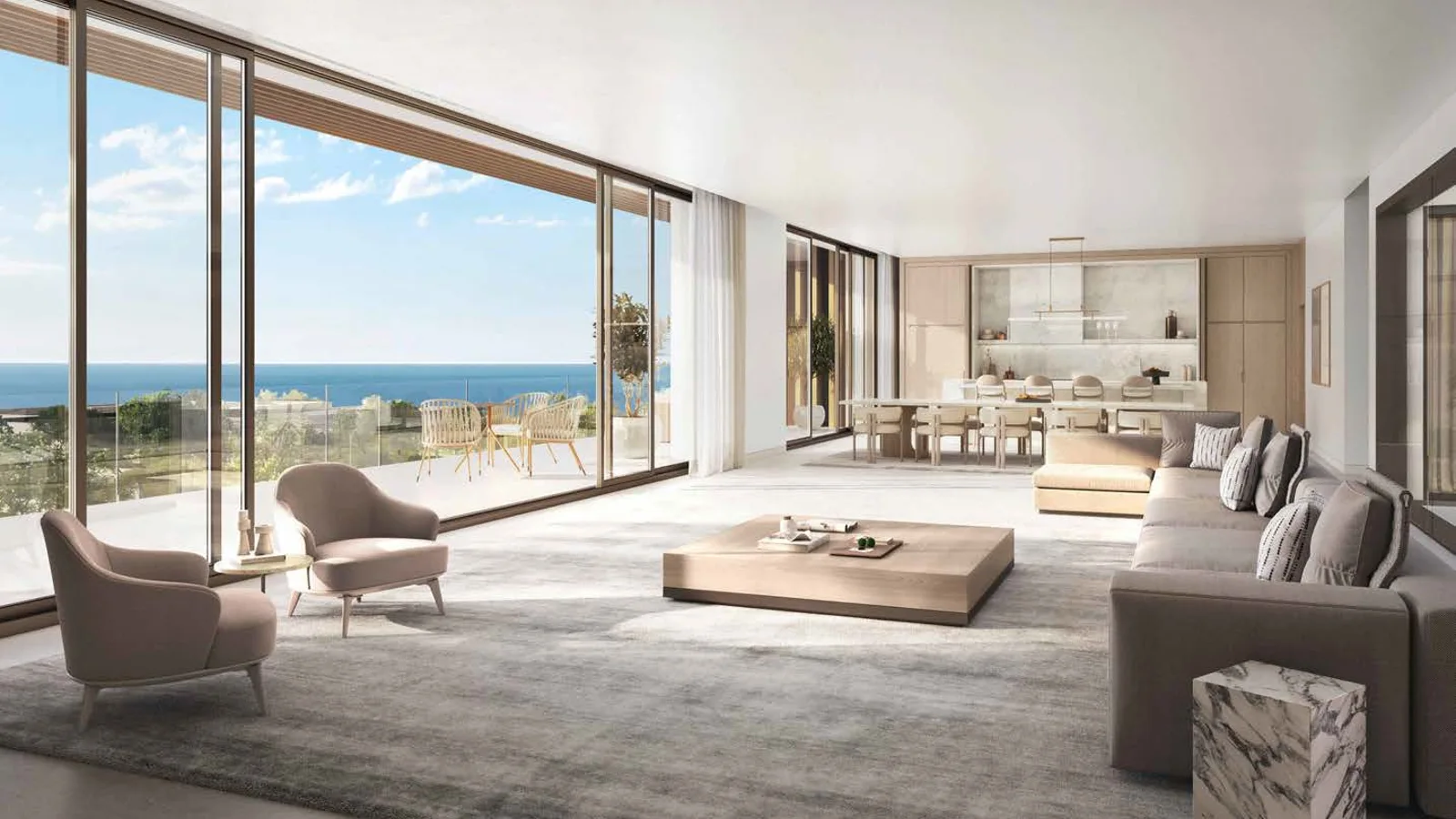 Sea-facing living and dining room inside a Y Views at Bayn villa