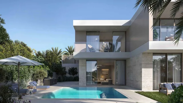 Rendered rear exterior of a Y Views at Bayn villa beside a landscaped garden pool