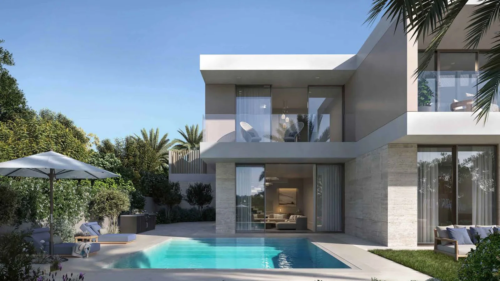 Rendered rear exterior of a Y Views at Bayn villa beside a landscaped garden pool
