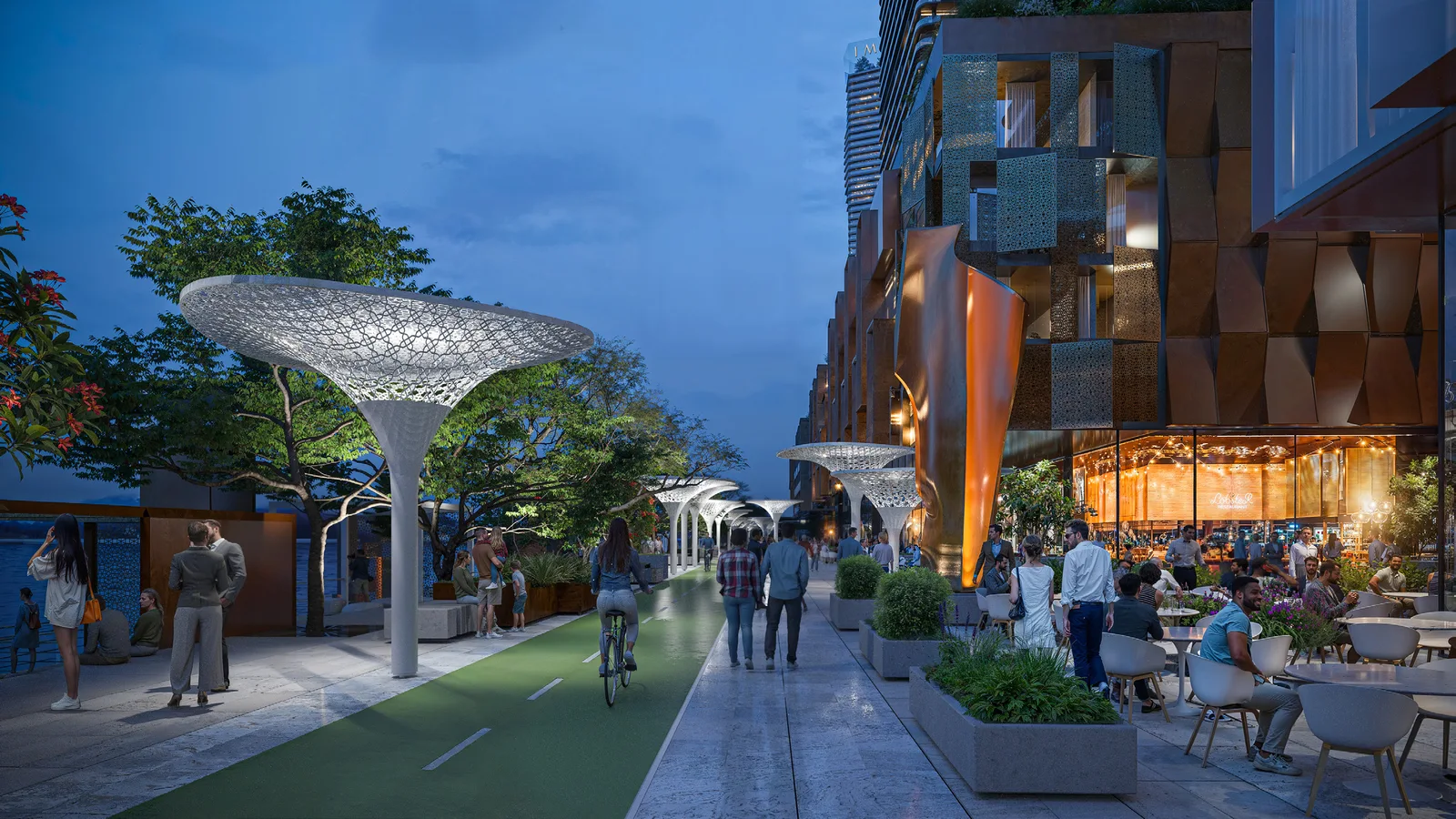 Evening promenade with dining terraces beneath The Artery Residences