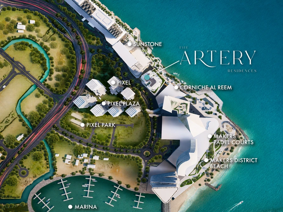 Makers District site plan showing The Artery Residences beside Pixel, Corniche Al Reem, the beach and marina