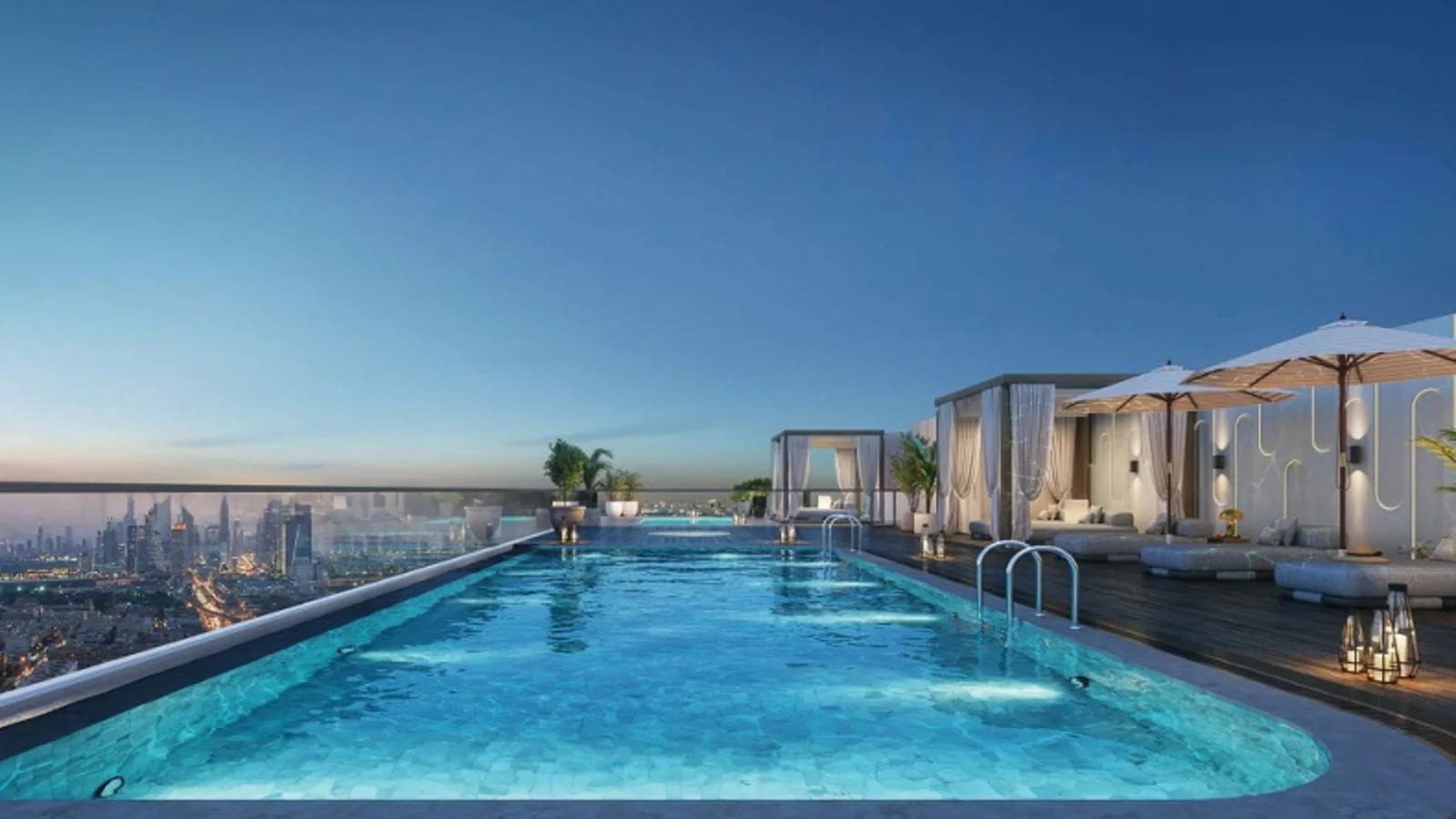 Rooftop infinity pool and cabanas at Symbolic Altus.