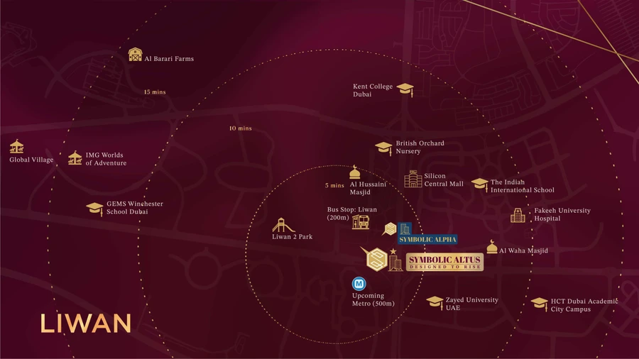 Local location map for Symbolic Altus in Liwan, Dubai.