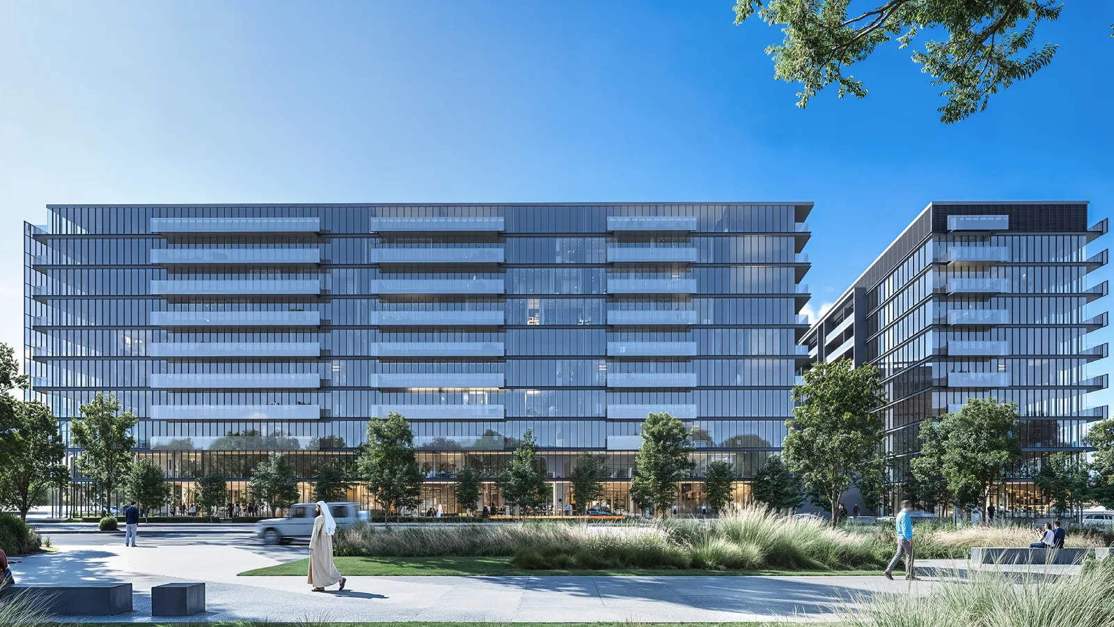 The Gate Phase 6 apartment building and landscaped plaza in Aljada