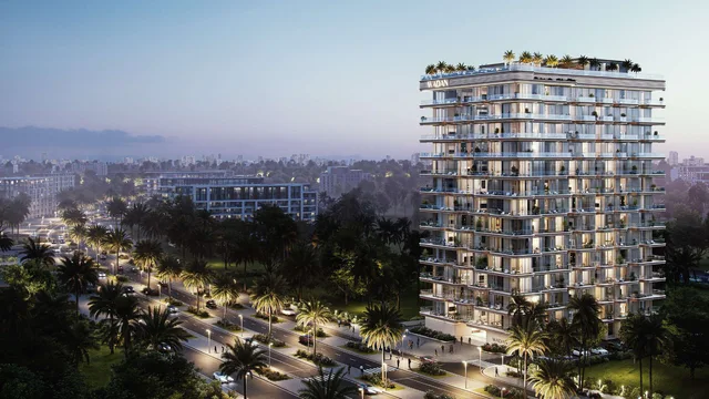 Aerial exterior view of Seraph by Wadan in Dubai Land Residence Complex.